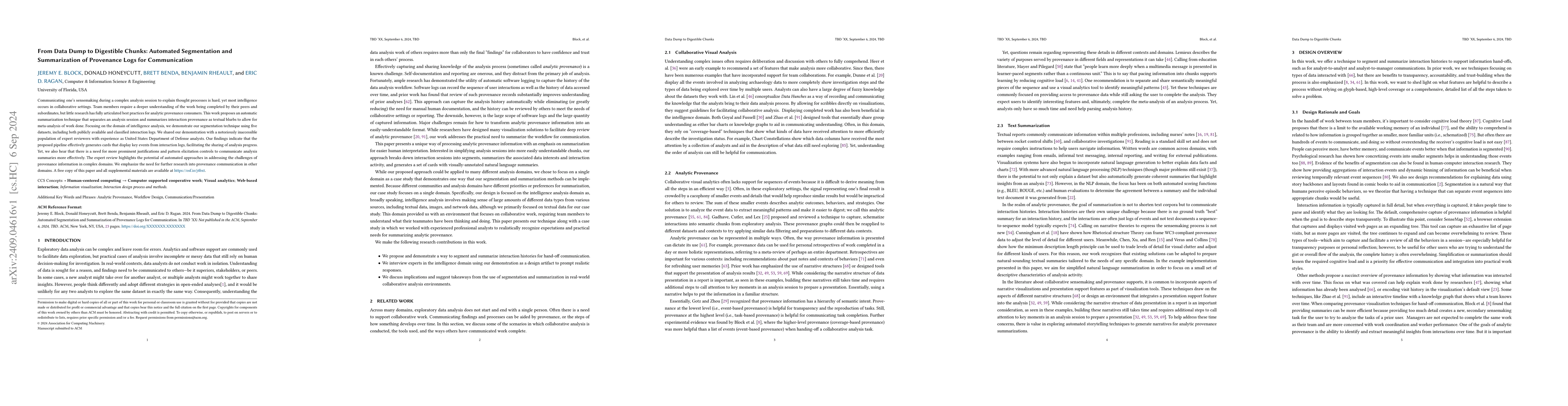 Thumbnail for From Data Dump to Digestible Chunks: Automated Segmentation and
  Summarization of Provenance Logs for Communication