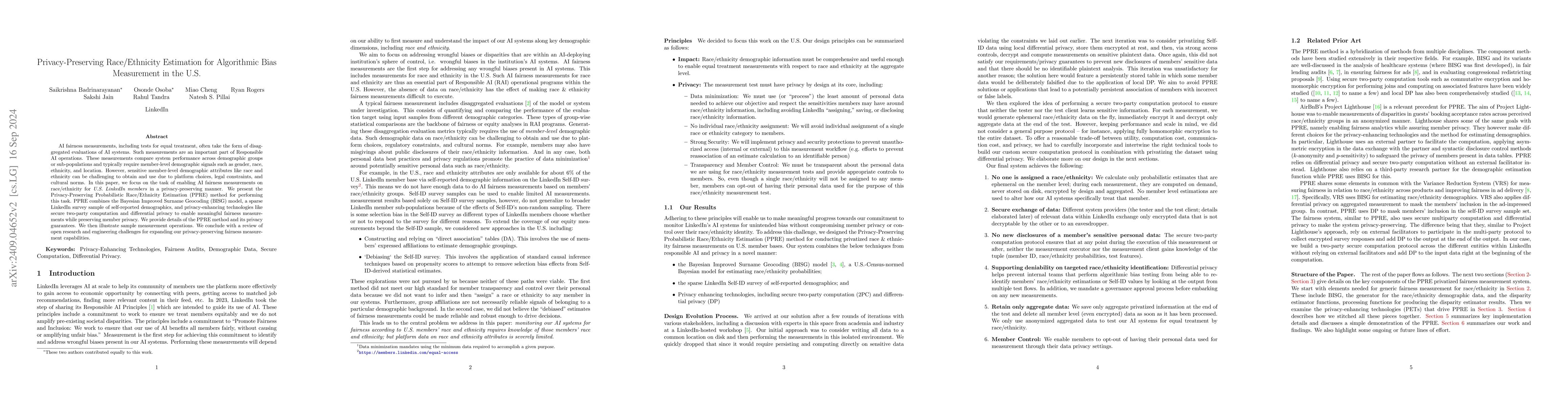 Thumbnail for Privacy-Preserving Race/Ethnicity Estimation for Algorithmic Bias
  Measurement in the U.S