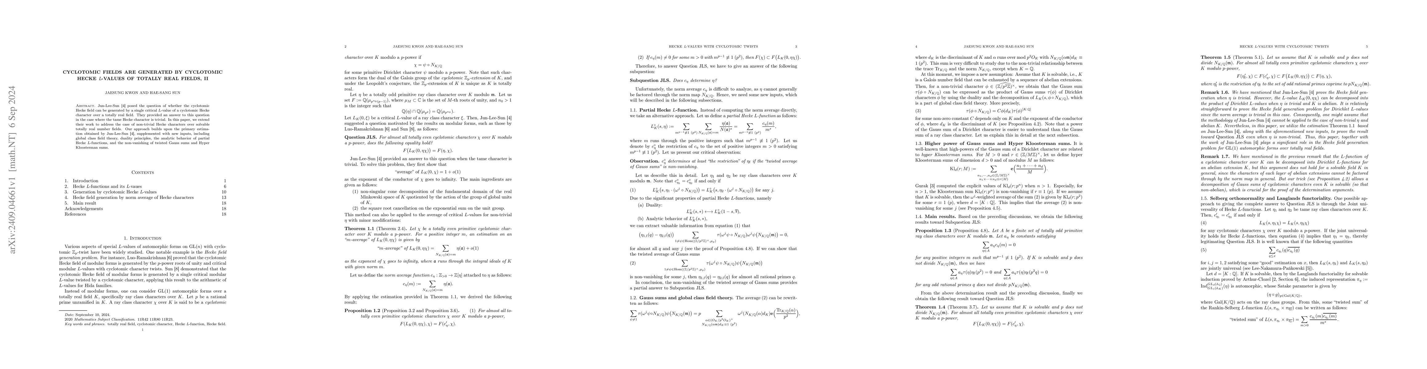 Thumbnail for Cyclotomic fields are generated by cyclotomic Hecke {\it L}-values of
  totally real fields, II