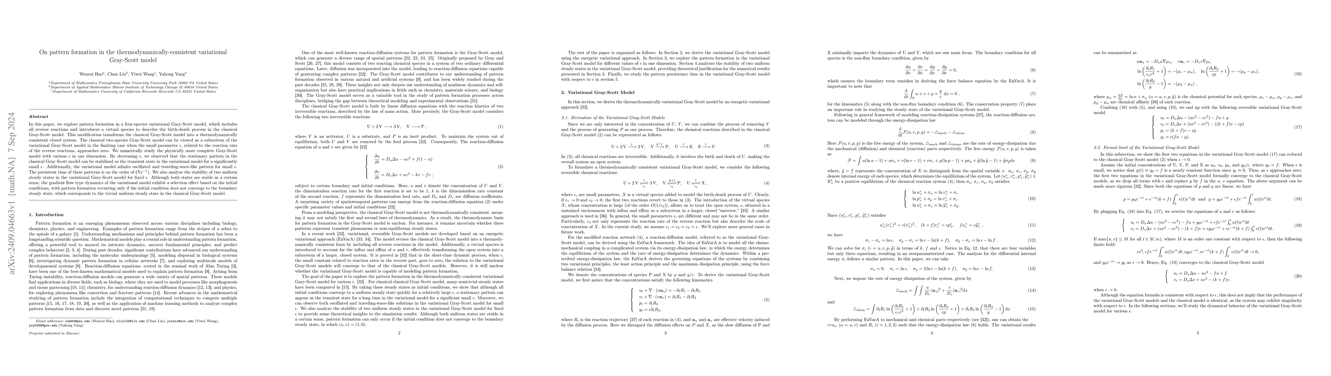 Thumbnail for On pattern formation in the thermodynamically-consistent variational
  Gray-Scott model