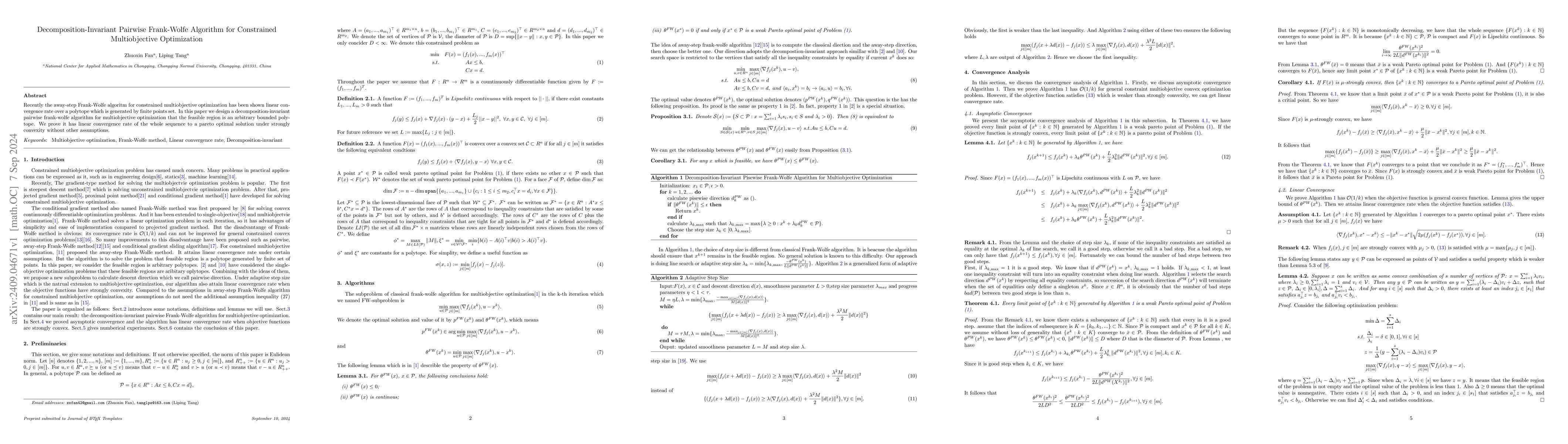 Thumbnail for Decomposition-Invariant Pairwise Frank-Wolfe Algorithm for Constrained
  Multiobjective Optimization