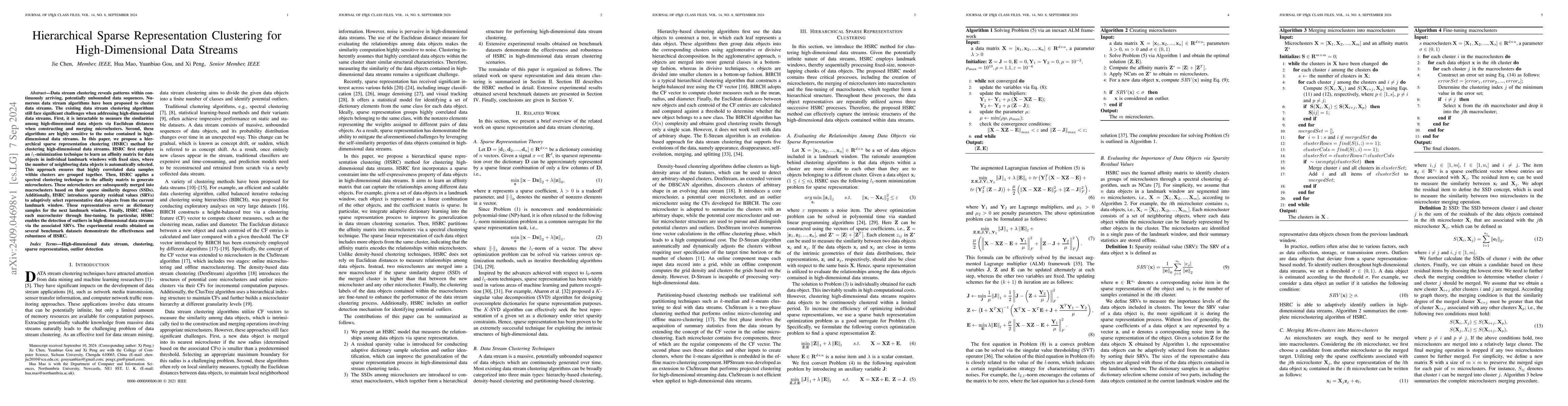 Thumbnail for Hierarchical Sparse Representation Clustering for High-Dimensional Data
  Streams