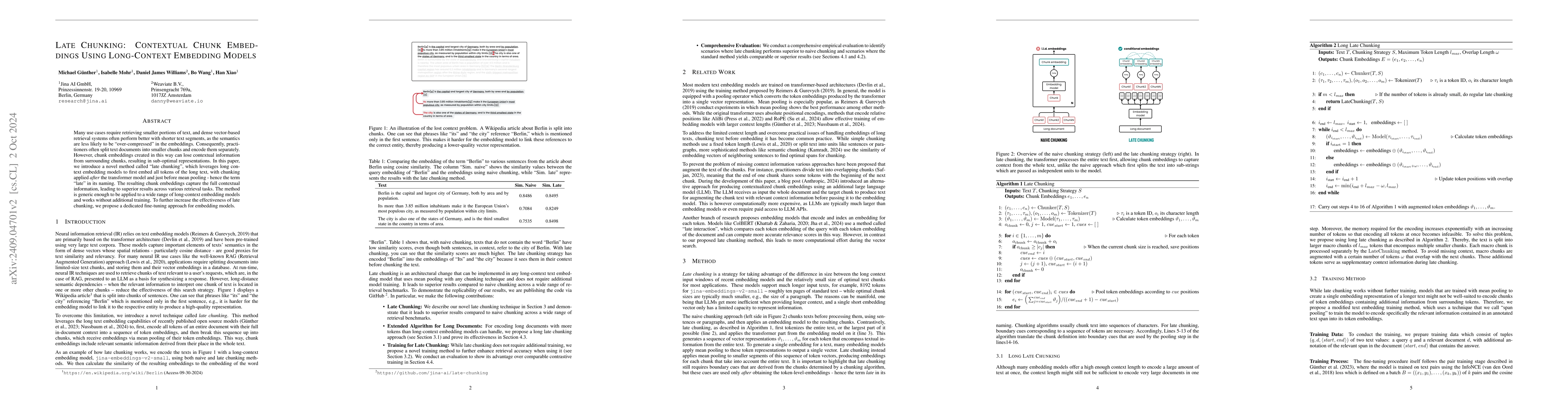 Thumbnail for Late Chunking: Contextual Chunk Embeddings Using Long-Context Embedding
  Models