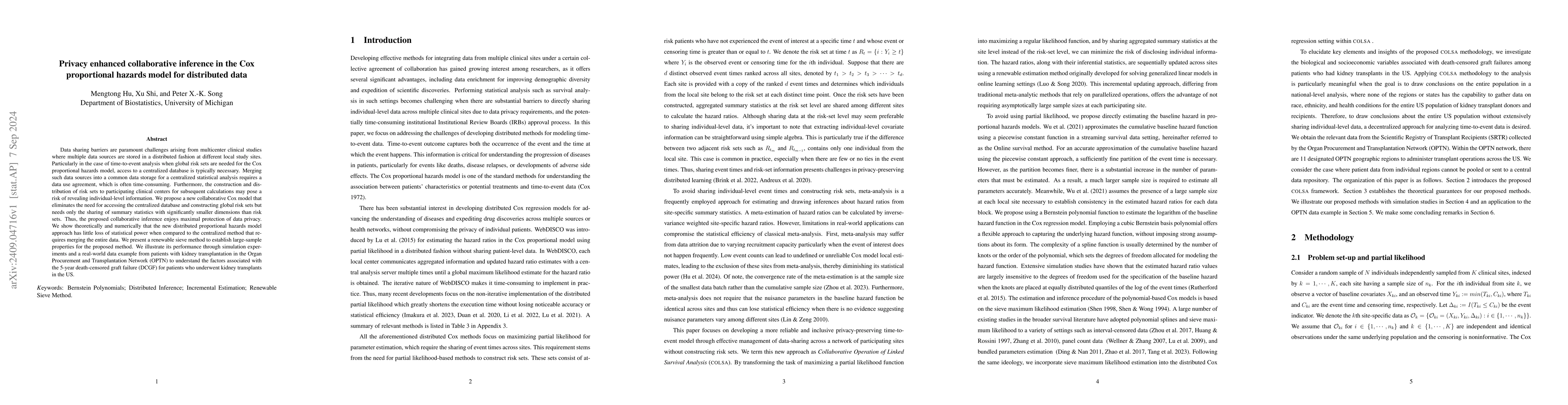 Thumbnail for Privacy enhanced collaborative inference in the Cox proportional hazards
  model for distributed data