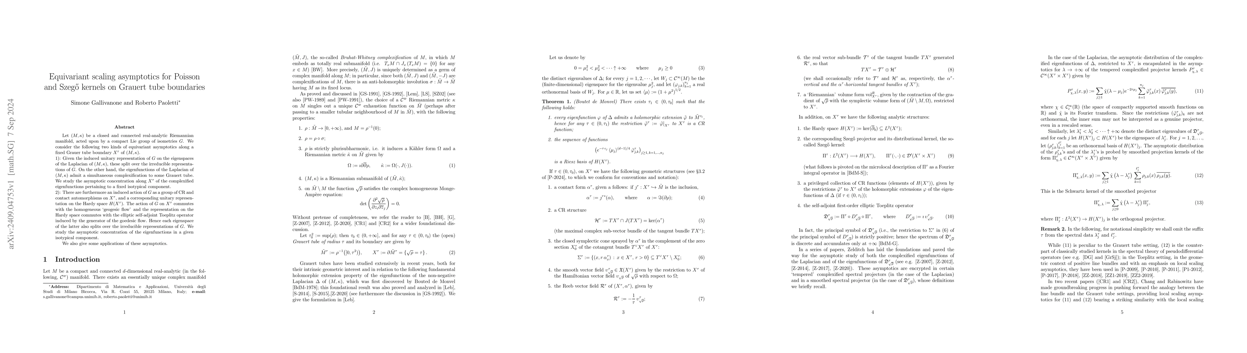 Thumbnail for Equivariant scaling asymptotics for Poisson and Szegő kernels on
  Grauert tube boundaries