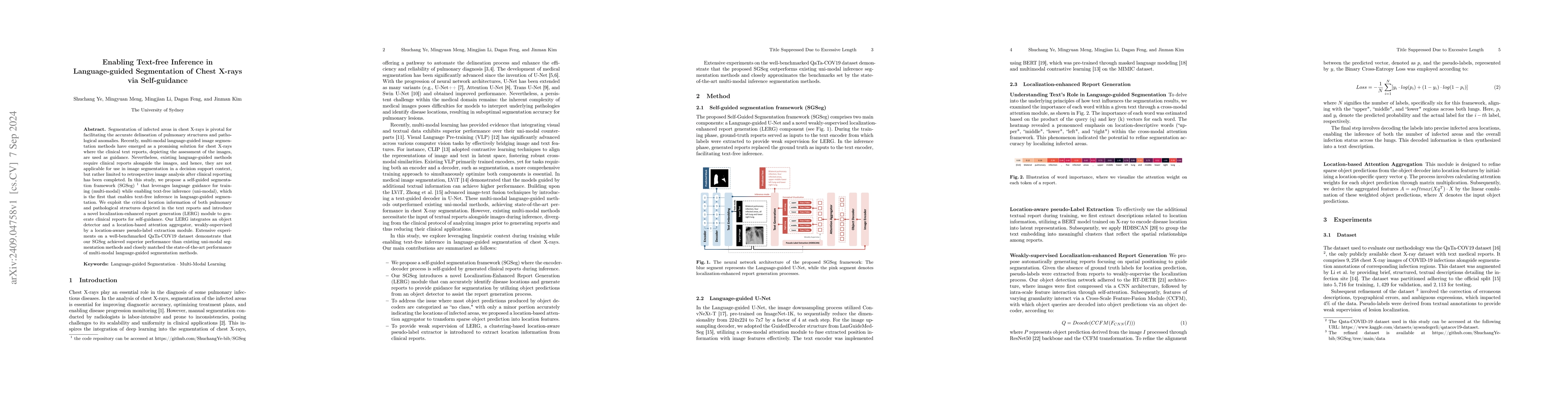 Thumbnail for SGSeg: Enabling Text-free Inference in Language-guided Segmentation of
  Chest X-rays via Self-guidance