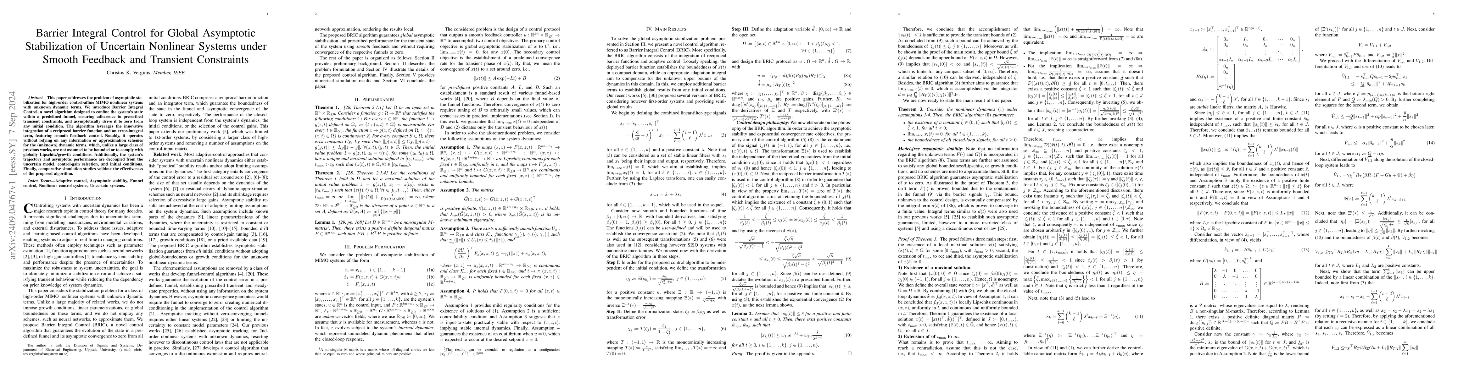 Thumbnail for Barrier Integral Control for Global Asymptotic Stabilization of
  Uncertain Nonlinear Systems under Smooth Feedback and Transient Constraints