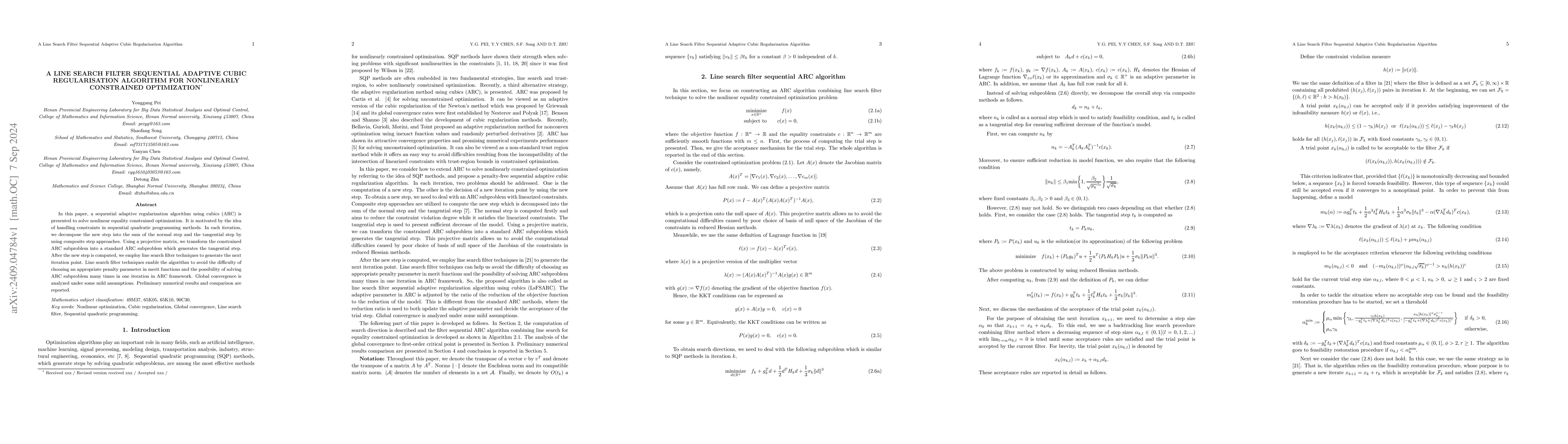 Thumbnail for A line search filter sequential adaptive cubic regularisation algorithm
  for nonlinearly constrained optimization