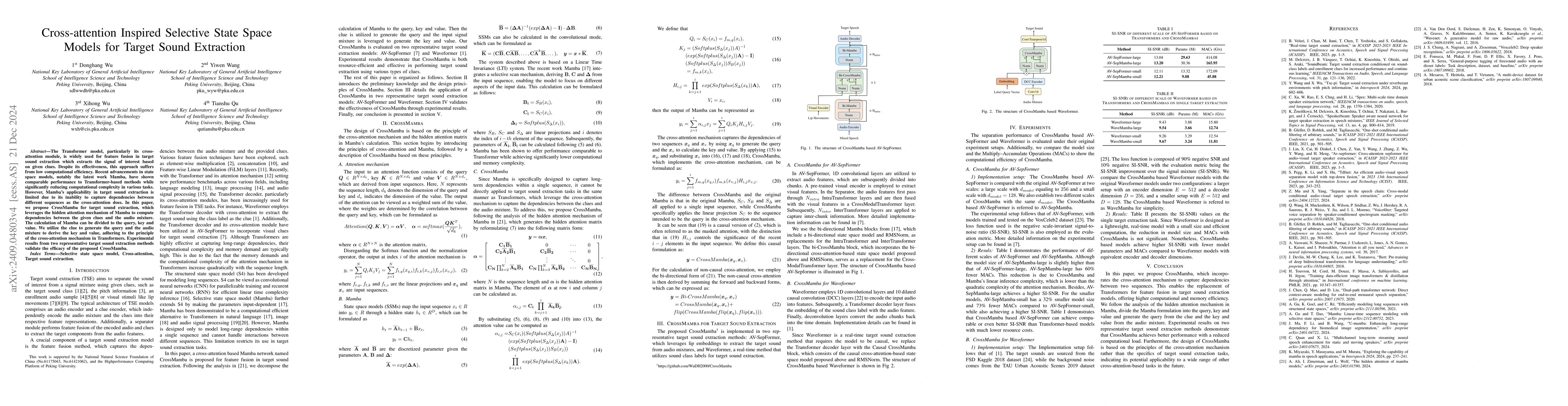 Thumbnail for Cross-attention Inspired Selective State Space Models for Target Sound
  Extraction