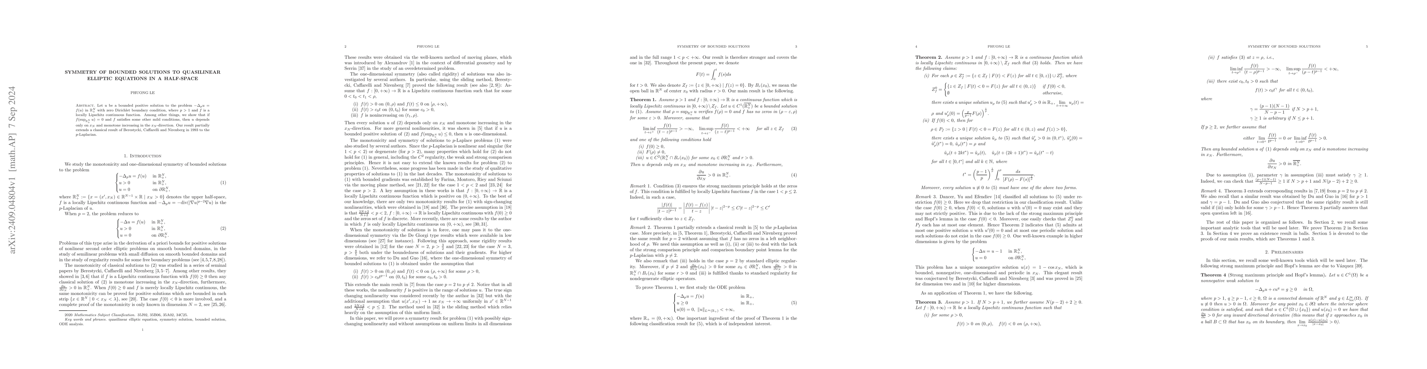 Thumbnail for Symmetry of bounded solutions to quasilinear elliptic equations in a
  half-space