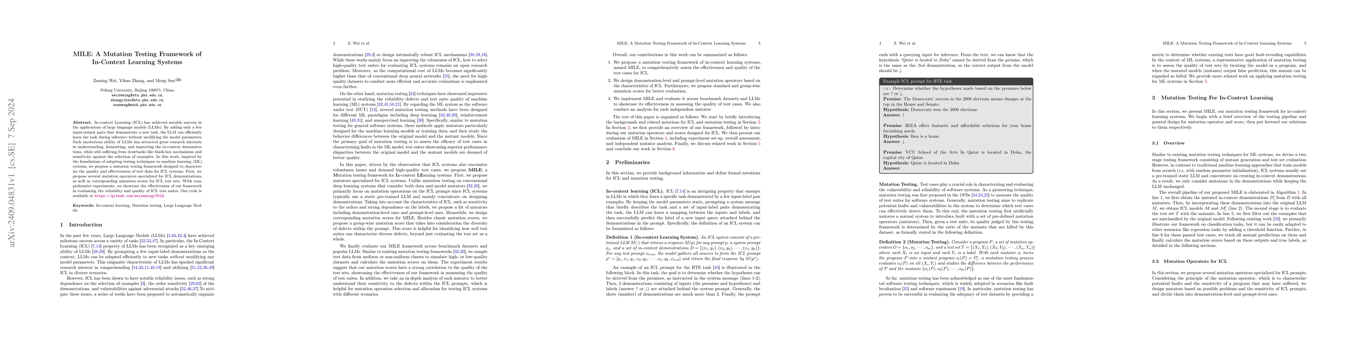 Thumbnail for MILE: A Mutation Testing Framework of In-Context Learning Systems