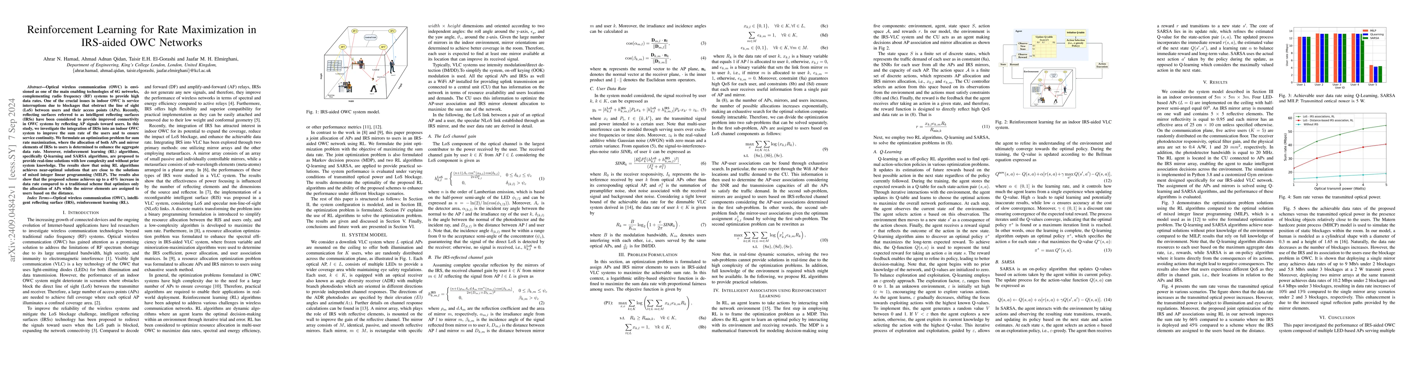 Thumbnail for Reinforcement Learning for Rate Maximization in IRS-aided OWC Networks