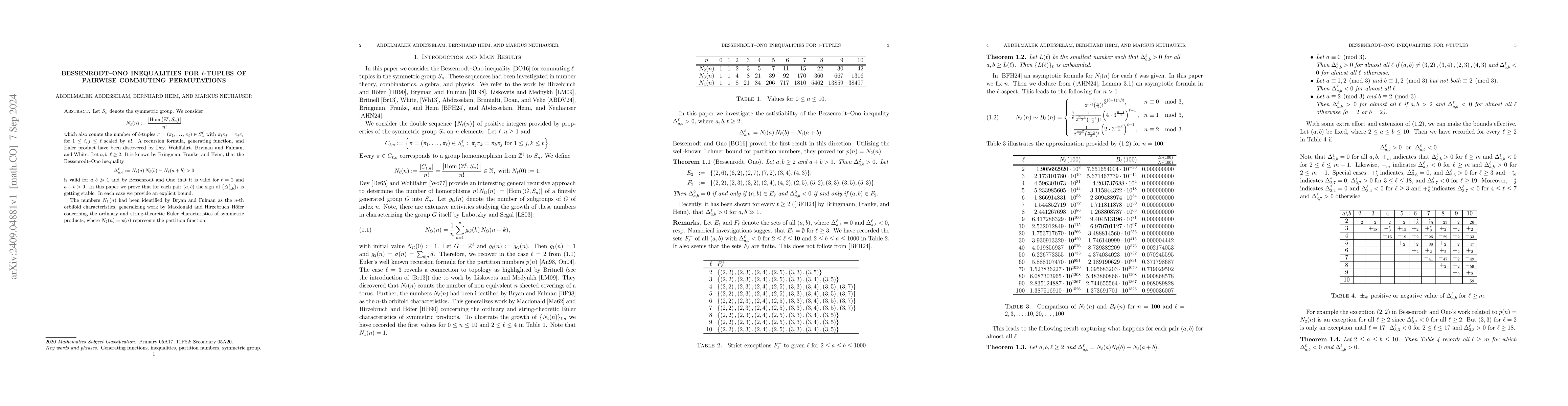 Thumbnail for Bessenrodt--Ono inequalities for $\ell$-tuples of pairwise commuting
  permutations