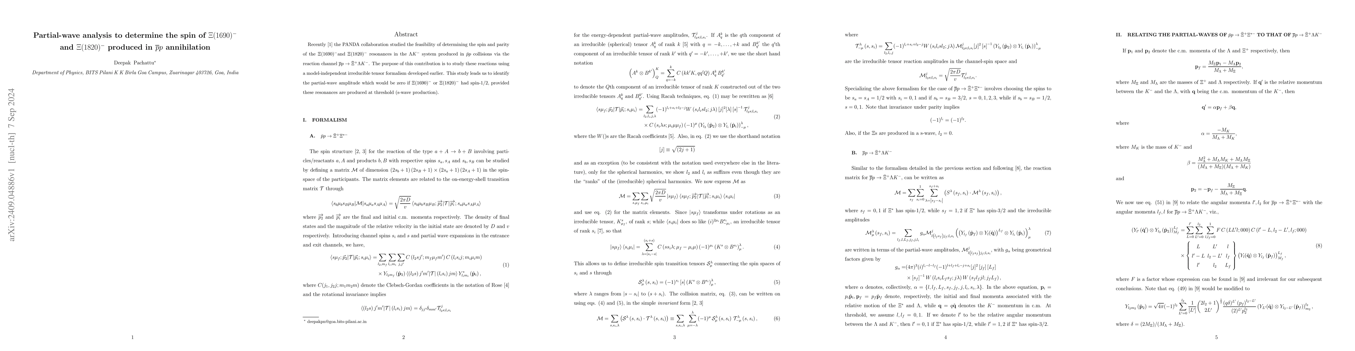 Thumbnail for Partial-wave analysis to determine the spin of $Ξ(1690)^-$ and
  $Ξ(1820)^-$ produced in $\overline{p}p$ annihilation
