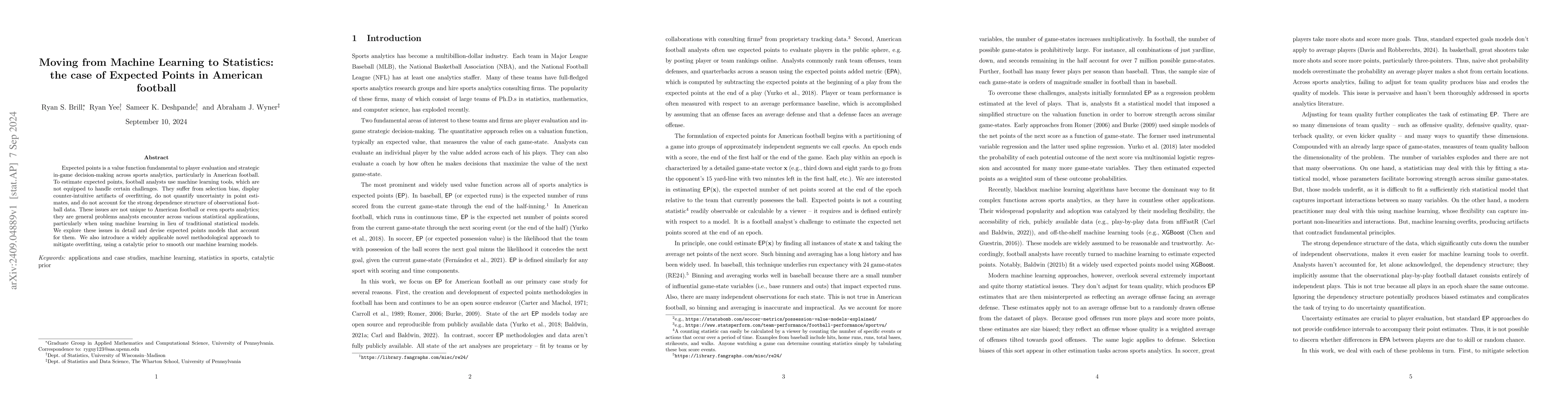 Thumbnail for Moving from Machine Learning to Statistics: the case of Expected Points
  in American football