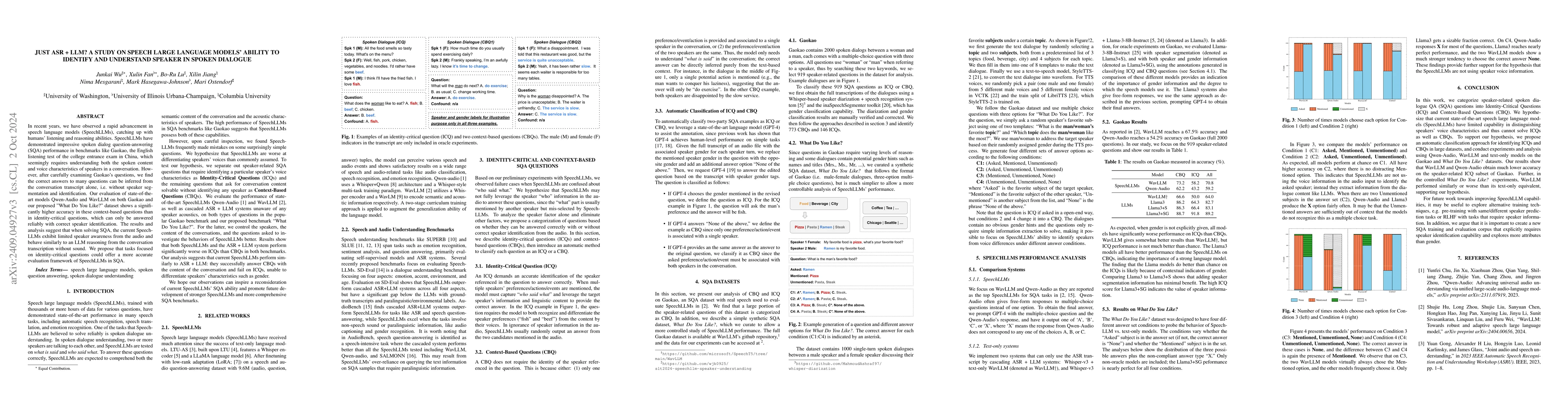 Thumbnail for Just ASR + LLM? A Study on Speech Large Language Models' Ability to
  Identify and Understand Speaker in Spoken Dialogue