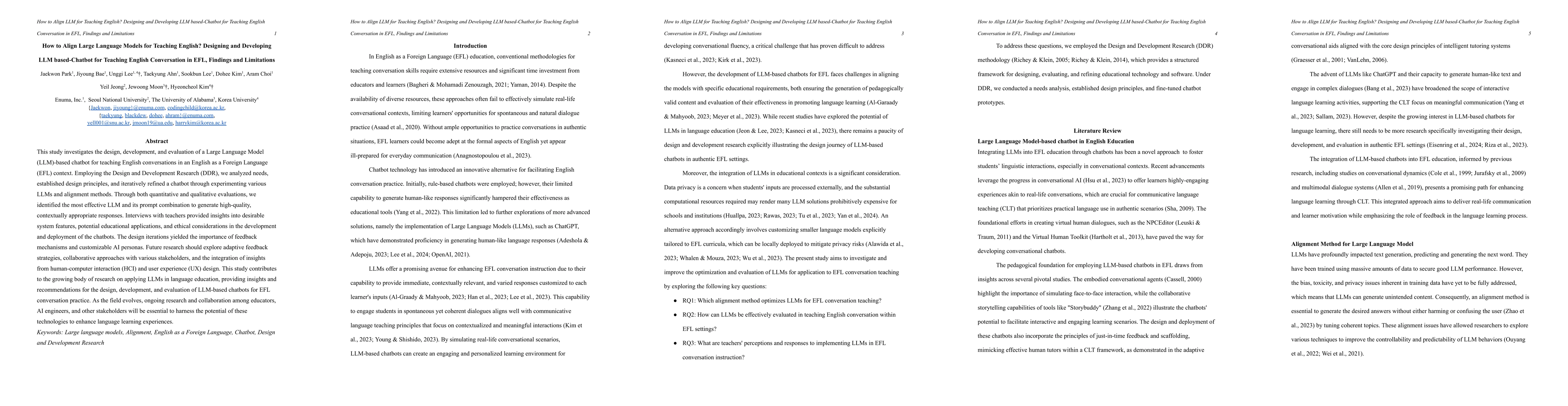 Thumbnail for How to Align Large Language Models for Teaching English? Designing and
  Developing LLM based-Chatbot for Teaching English Conversation in EFL,
  Findings and Limitations