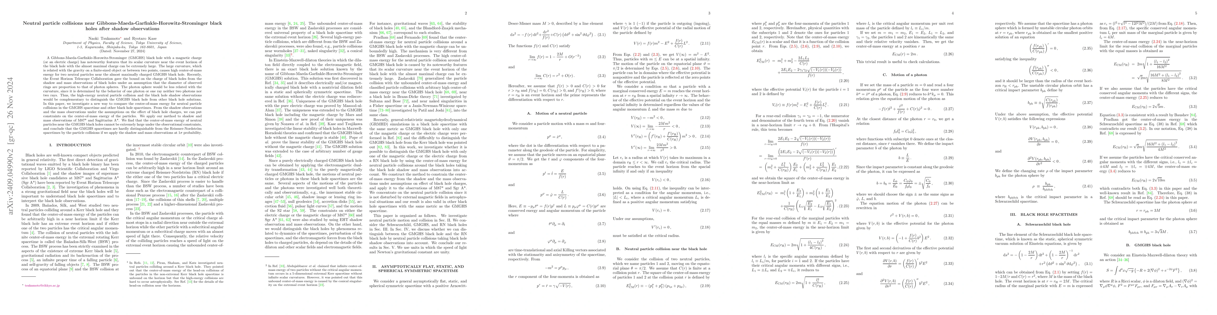Thumbnail for Neutral particle collisions near
  Gibbons-Maeda-Garfinkle-Horowitz-Strominger black holes after shadow
  observations