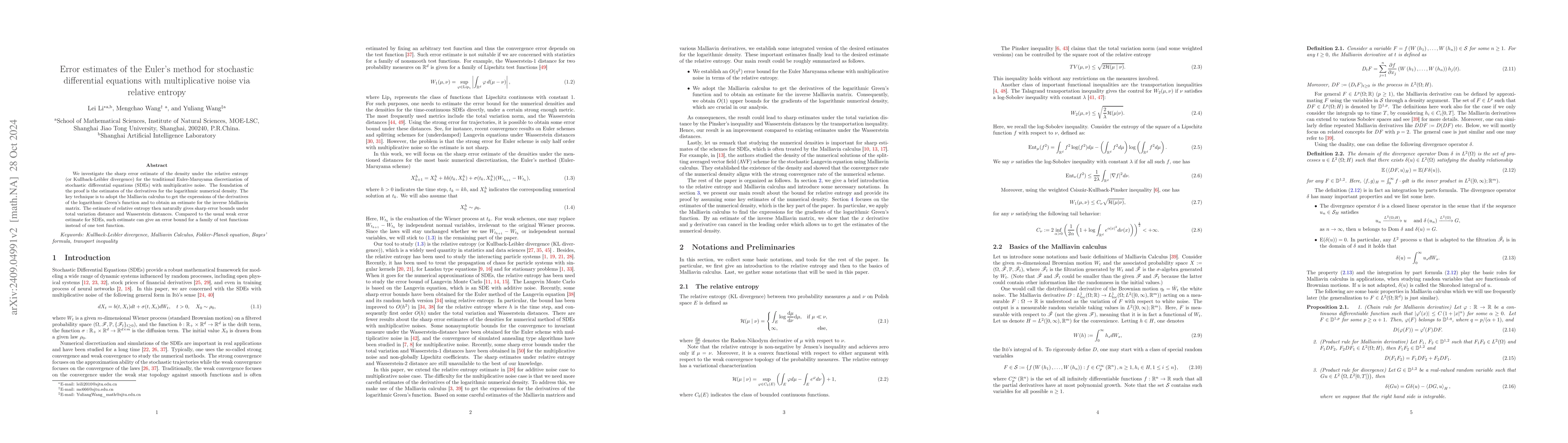 Thumbnail for Error estimates of the Euler's method for stochastic differential
  equations with multiplicative noise via relative entropy