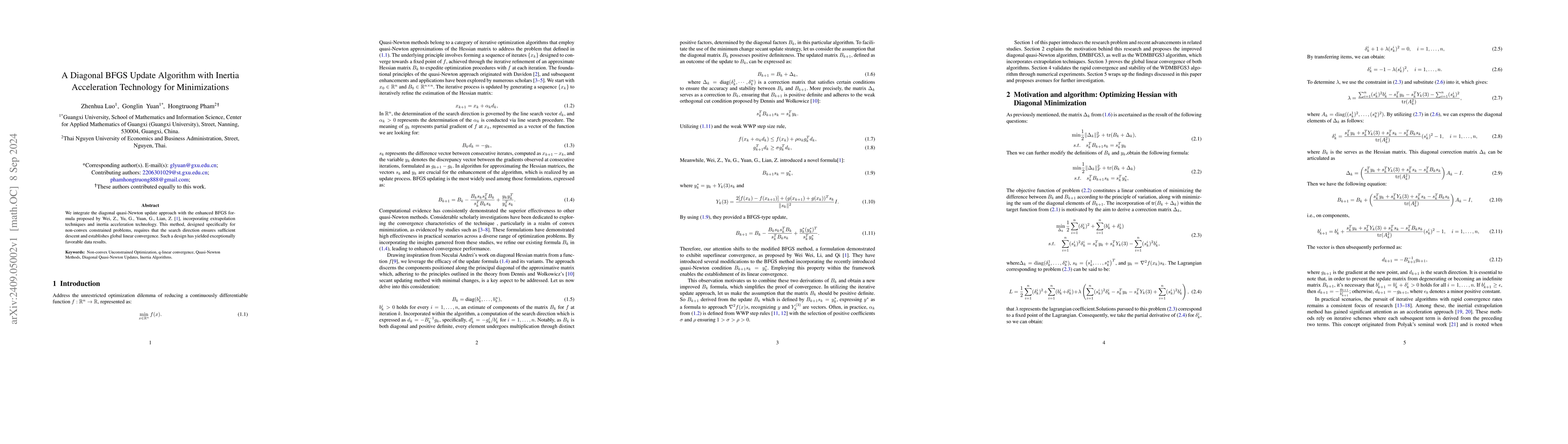 Thumbnail for A Diagonal BFGS Update Algorithm with Inertia Acceleration Technology
  for Minimizations