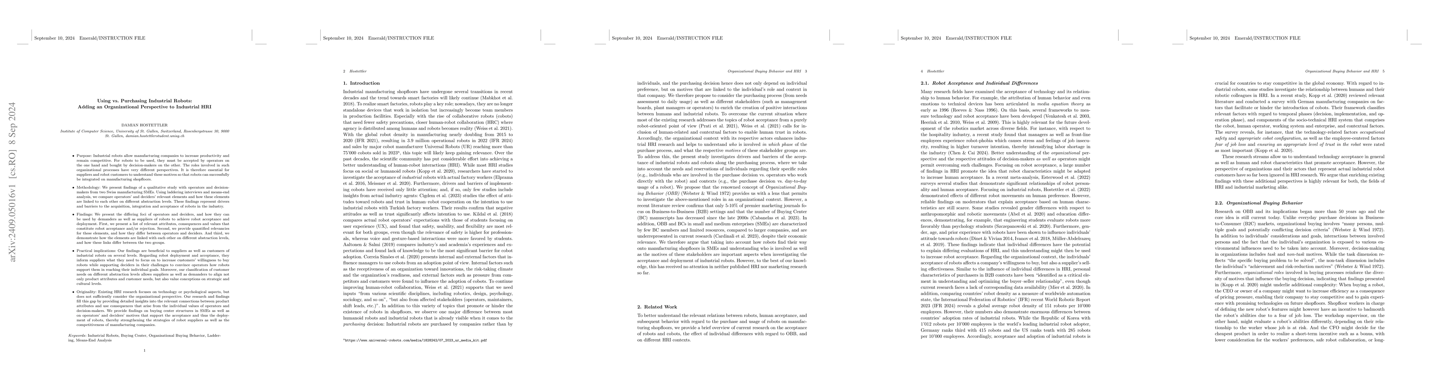 Thumbnail for Using vs. Purchasing Industrial Robots: Adding an Organizational
  Perspective to Industrial HRI