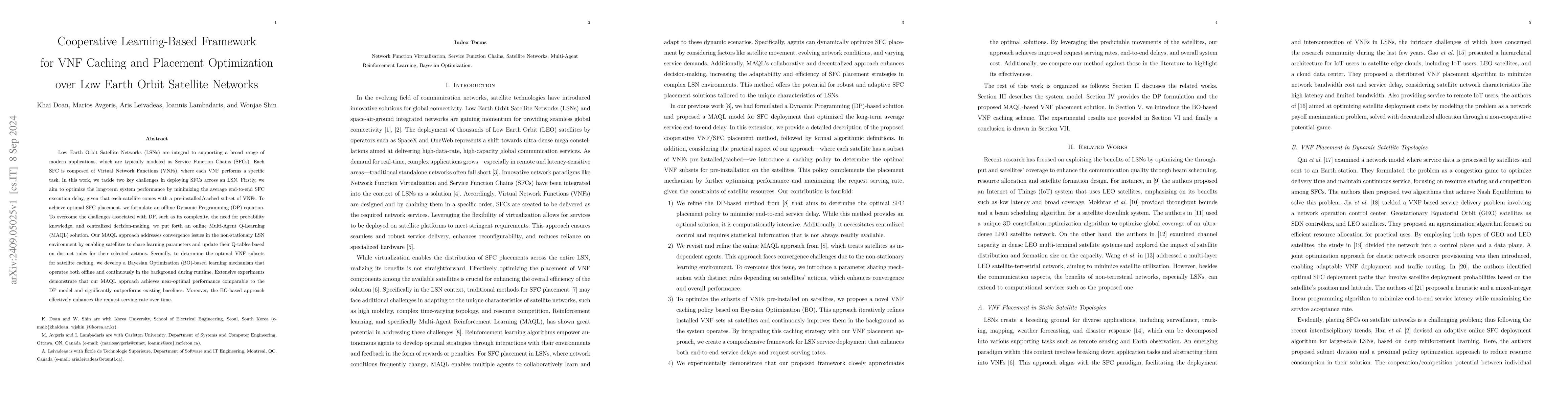 Thumbnail for Cooperative Learning-Based Framework for VNF Caching and Placement
  Optimization over Low Earth Orbit Satellite Networks