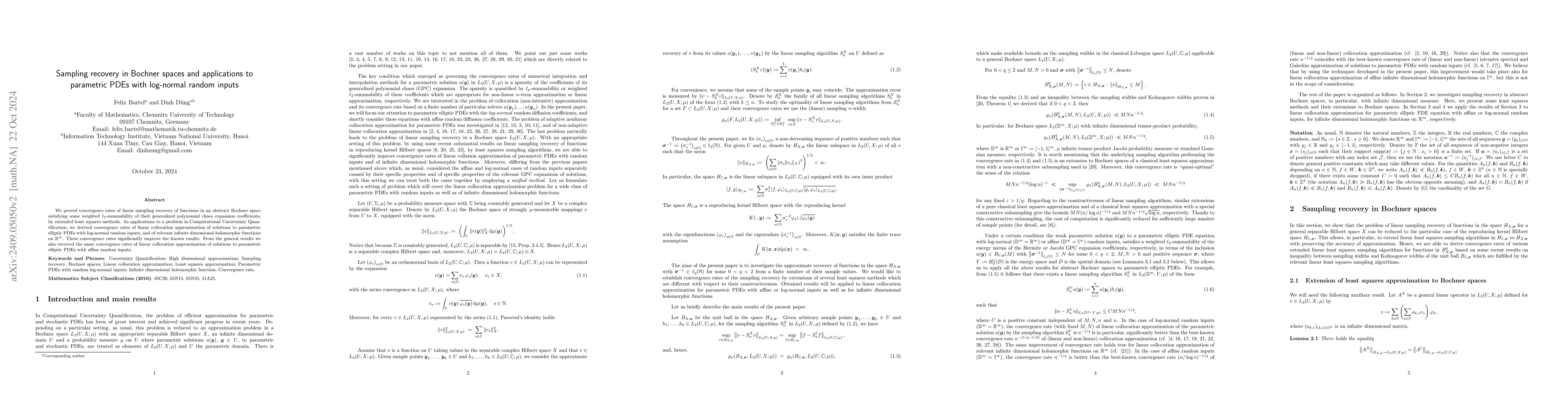 Thumbnail for Sampling recovery in Bochner spaces and applications to parametric PDEs
  with log-normal random inputs