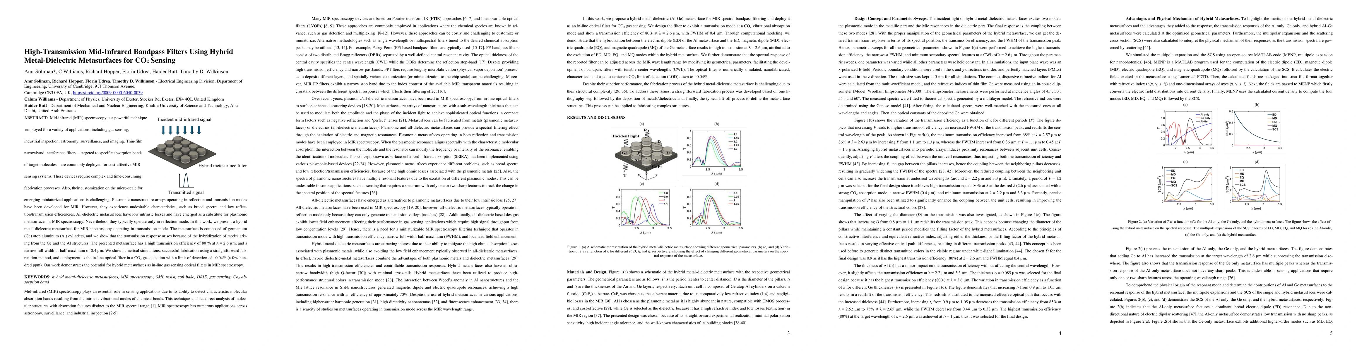 Thumbnail for High-Transmission Mid-Infrared Bandpass Filters Using Hybrid
  Metal-Dielectric Metasurfaces for CO2 Sensing