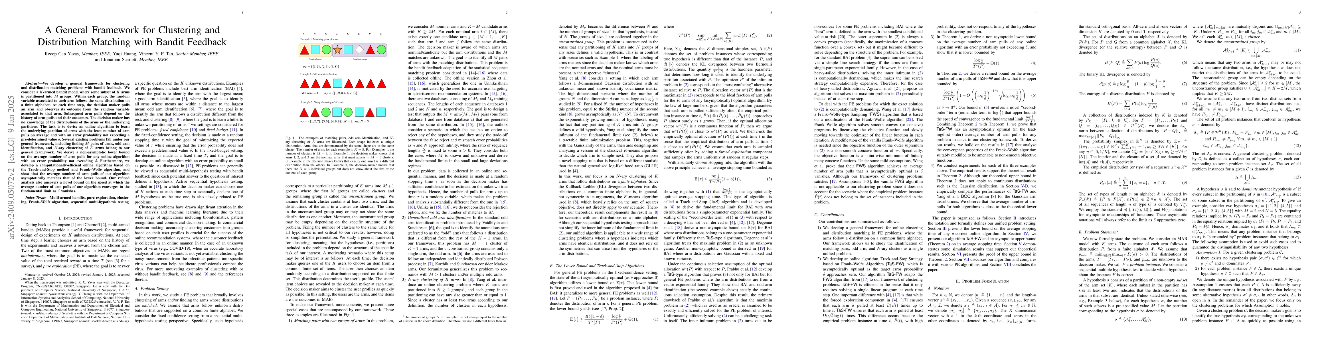 Thumbnail for A General Framework for Clustering and Distribution Matching with Bandit
  Feedback