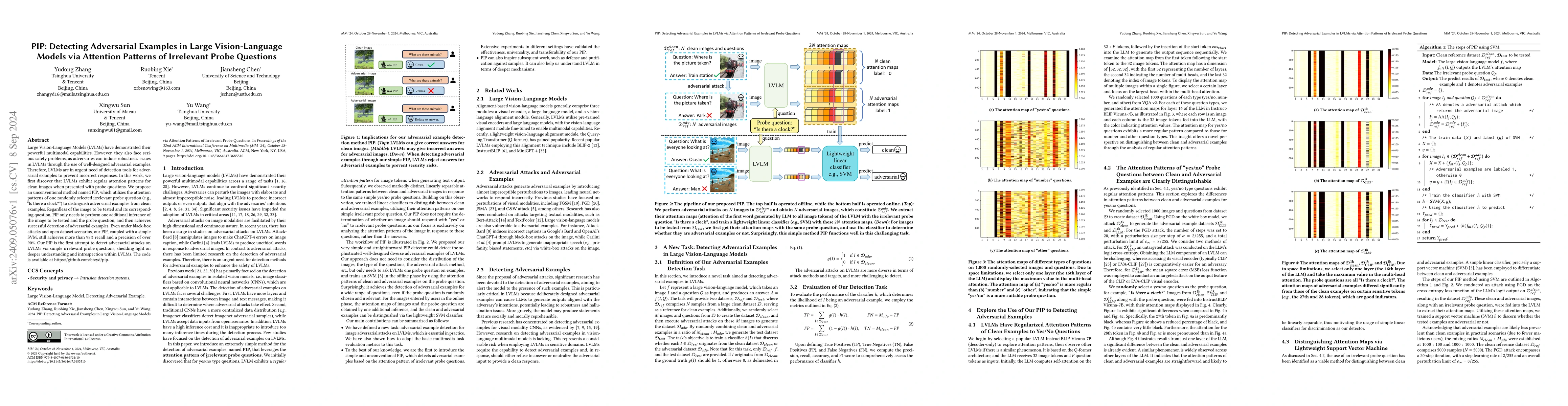 Thumbnail for PIP: Detecting Adversarial Examples in Large Vision-Language Models via
  Attention Patterns of Irrelevant Probe Questions