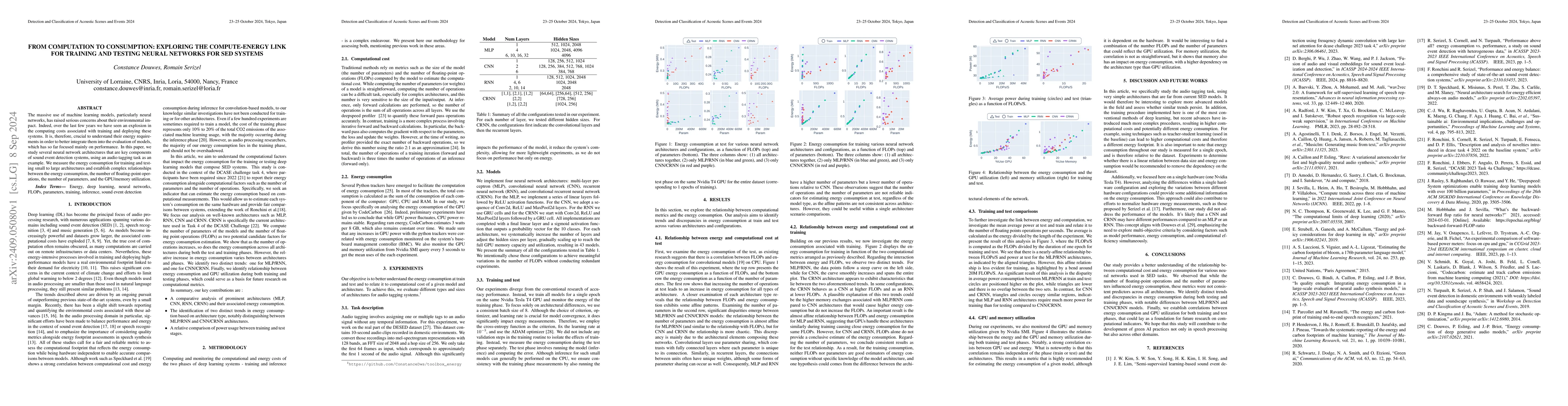 Thumbnail for From Computation to Consumption: Exploring the Compute-Energy Link for
  Training and Testing Neural Networks for SED Systems