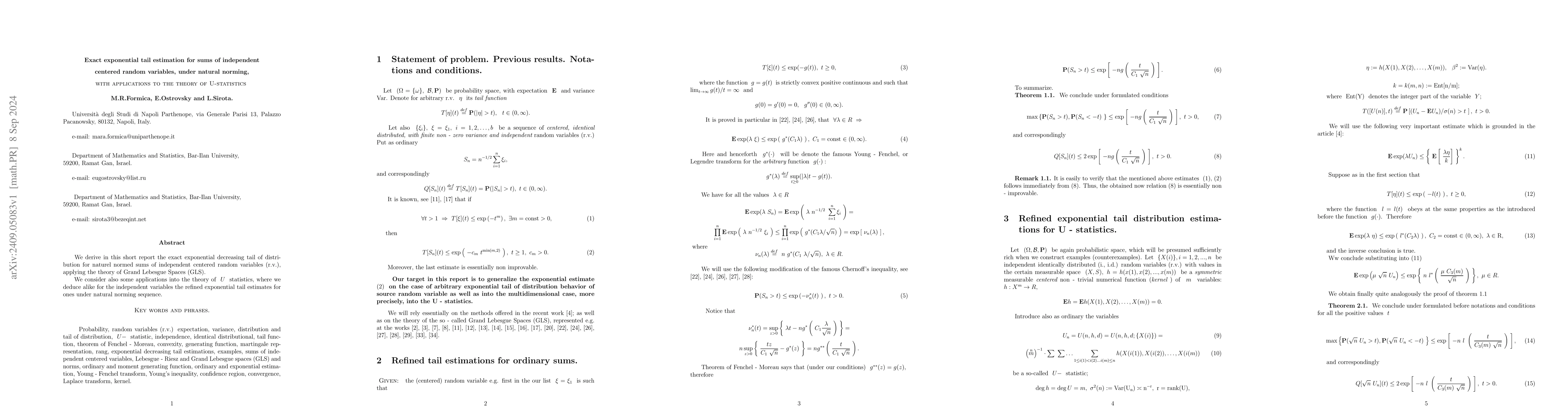 Thumbnail for Exact exponential tail estimation for sums of independent centered
  random variables, under natural norming, with applications to the theory of
  U-statistics