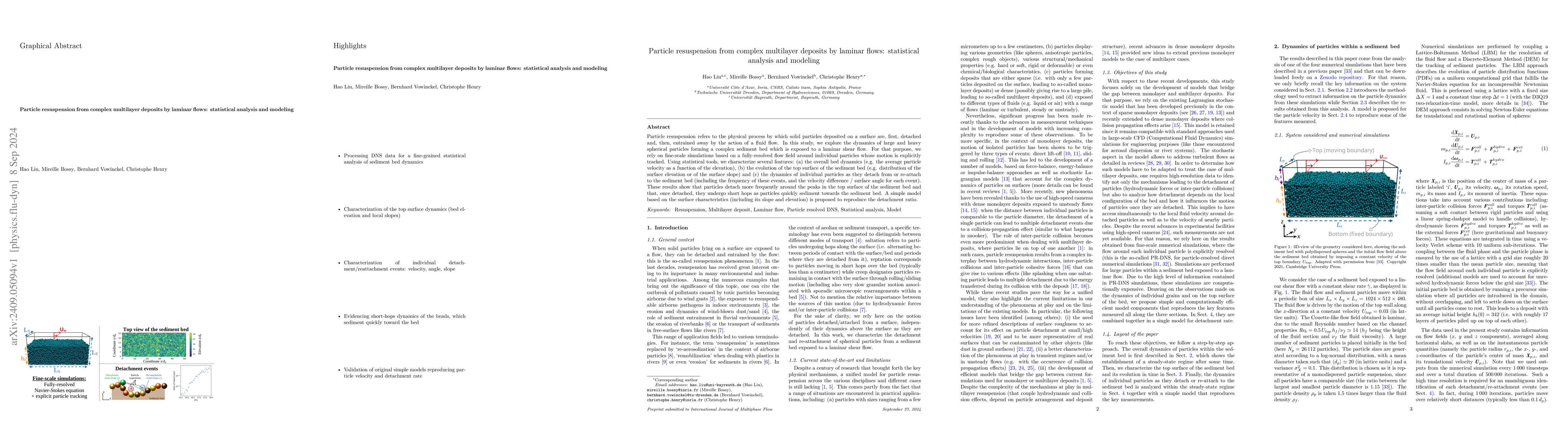 Thumbnail for Particle resuspension from complex multilayer deposits by laminar flows:
  statistical analysis and modeling