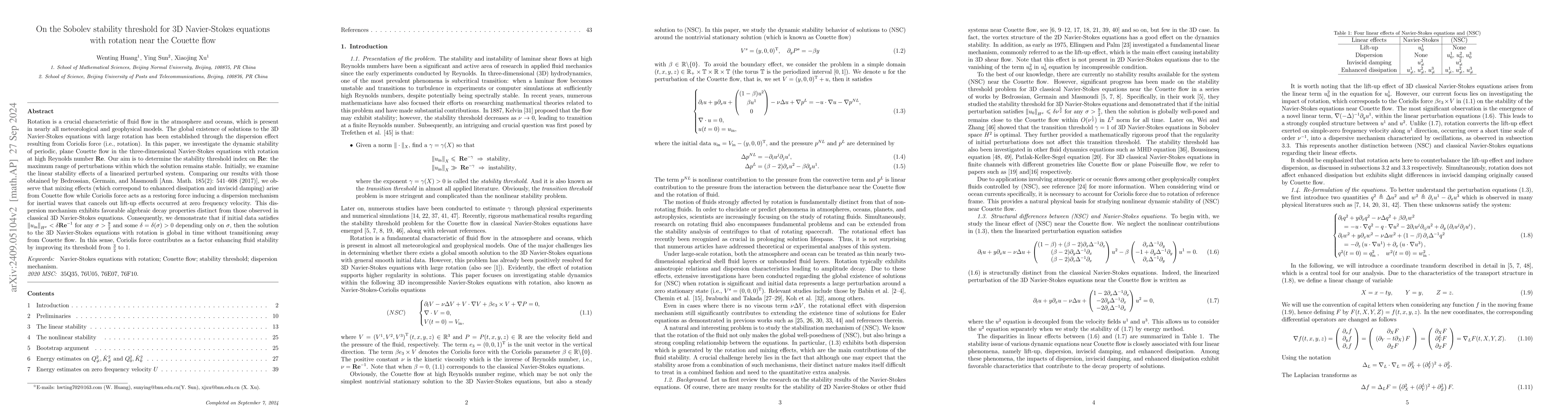 Thumbnail for On the Sobolev stability threshold for 3D Navier-Stokes equations with
  rotation near the Couette flow