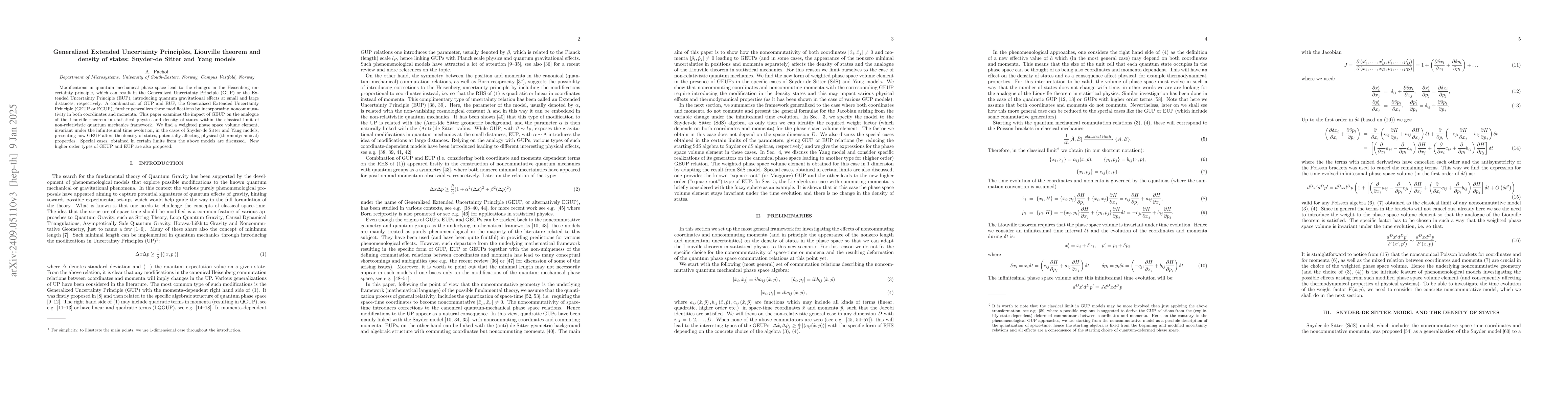 Thumbnail for Generalized Extended Uncertainty Principles, Liouville theorem and
  density of states: Snyder-de Sitter and Yang models