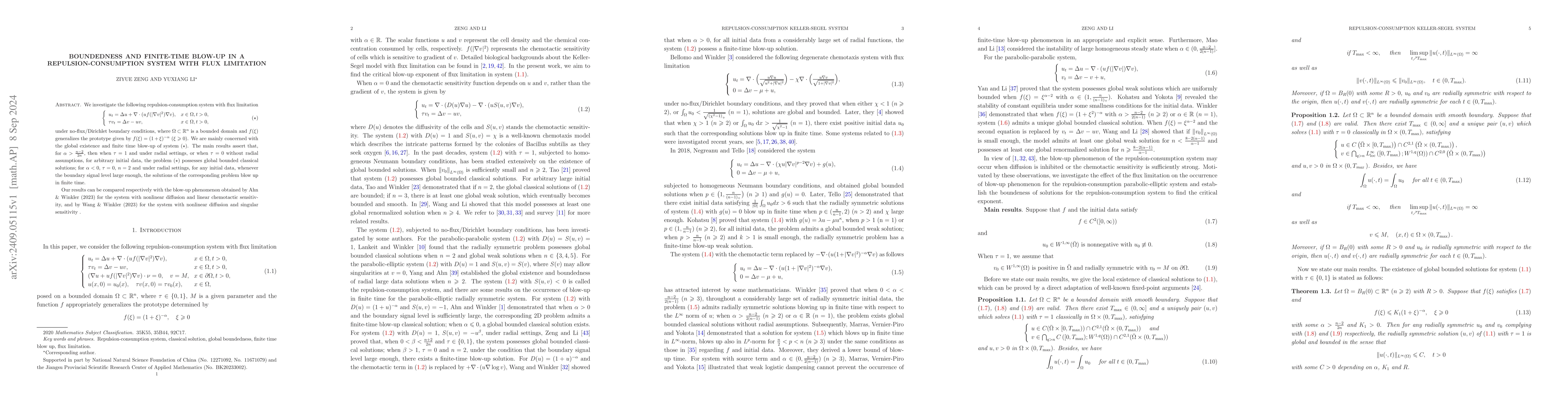 Thumbnail for Boundedness and finite-time blow-up in a repulsion-consumption system
  with flux limitation