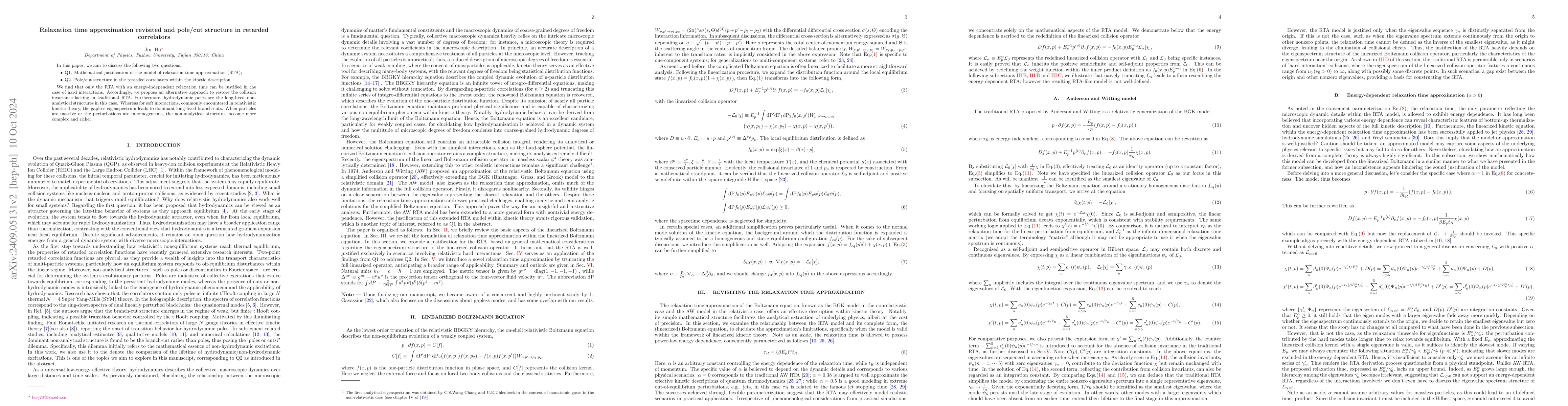 Thumbnail for Relaxation time approximation revisited and pole/cut structure in
  retarded correlators