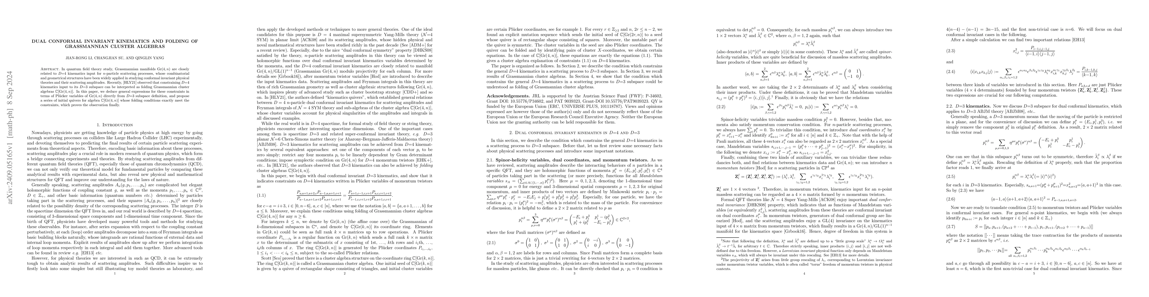 Thumbnail for Dual conformal invariant kinematics and folding of Grassmannian cluster
  algebras
