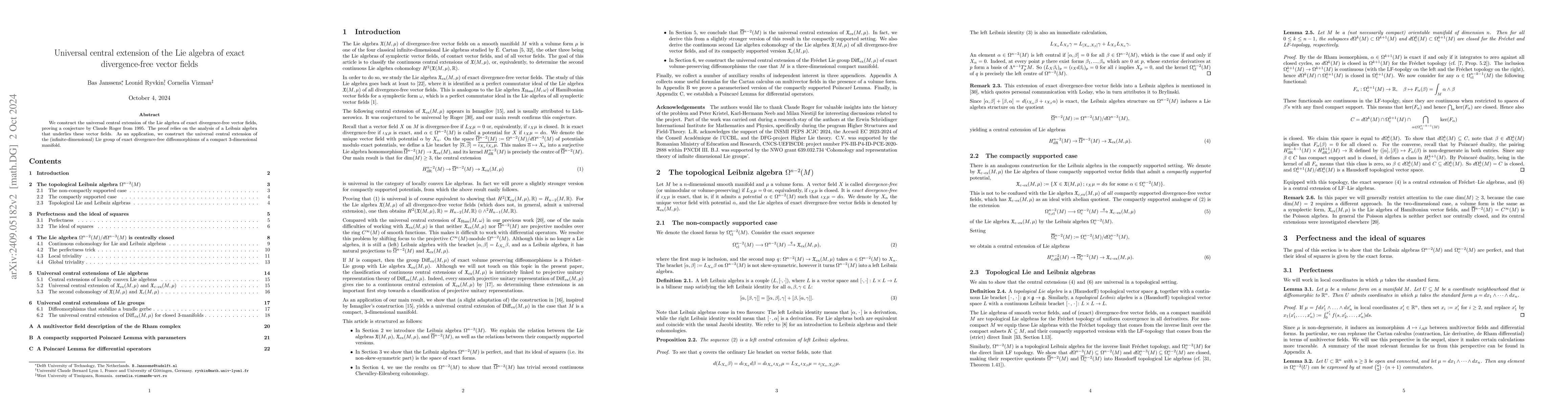 Thumbnail for Universal central extension of the Lie algebra of exact divergence-free
  vector fields