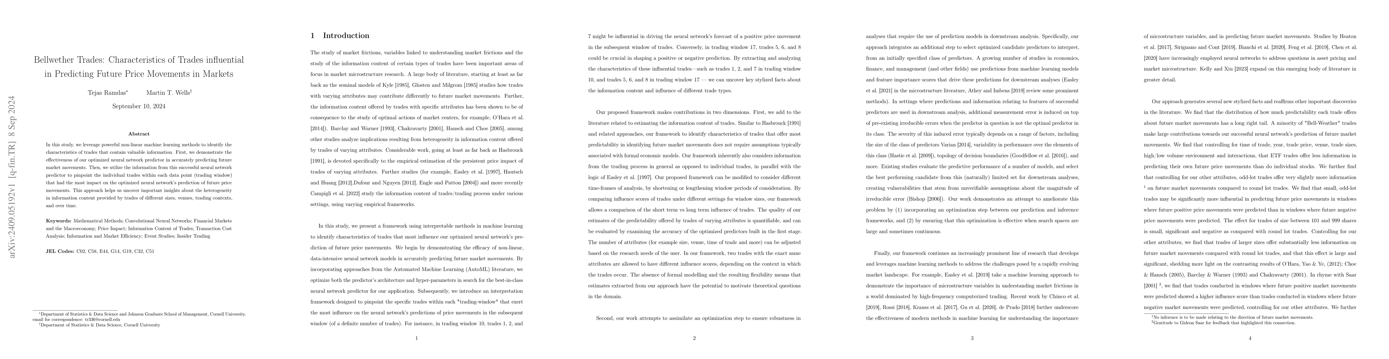 Thumbnail for Bellwether Trades: Characteristics of Trades influential in Predicting
  Future Price Movements in Markets