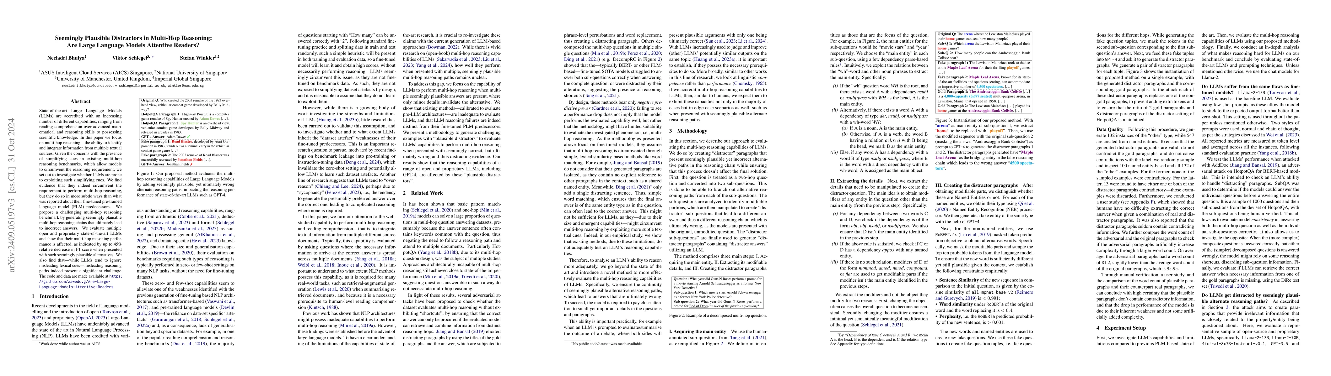 Thumbnail for Seemingly Plausible Distractors in Multi-Hop Reasoning: Are Large
  Language Models Attentive Readers?