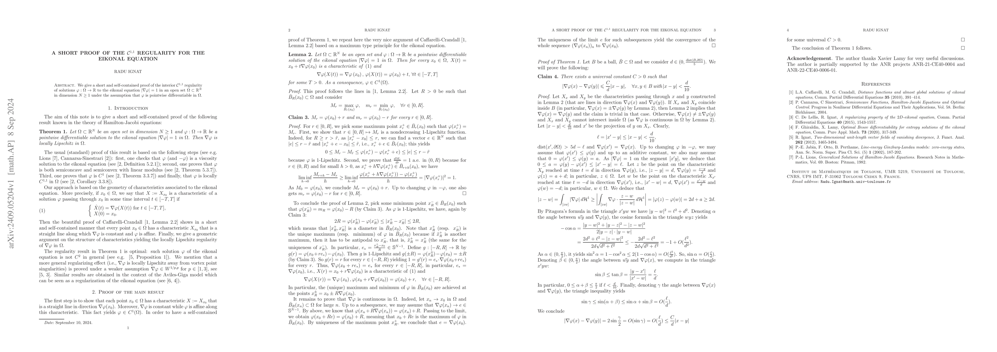 Thumbnail for A short proof of the $\mathcal C^{1,1}$ regularity for the eikonal
  equation