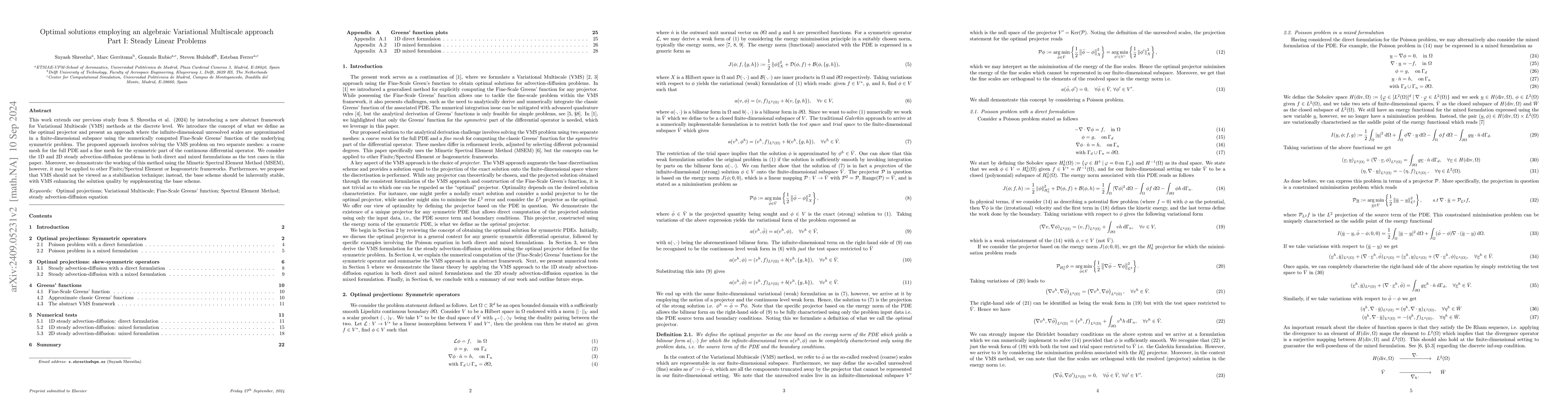 Thumbnail for Optimal solutions employing an algebraic Variational Multiscale approach
  Part I: Steady Linear Problems
