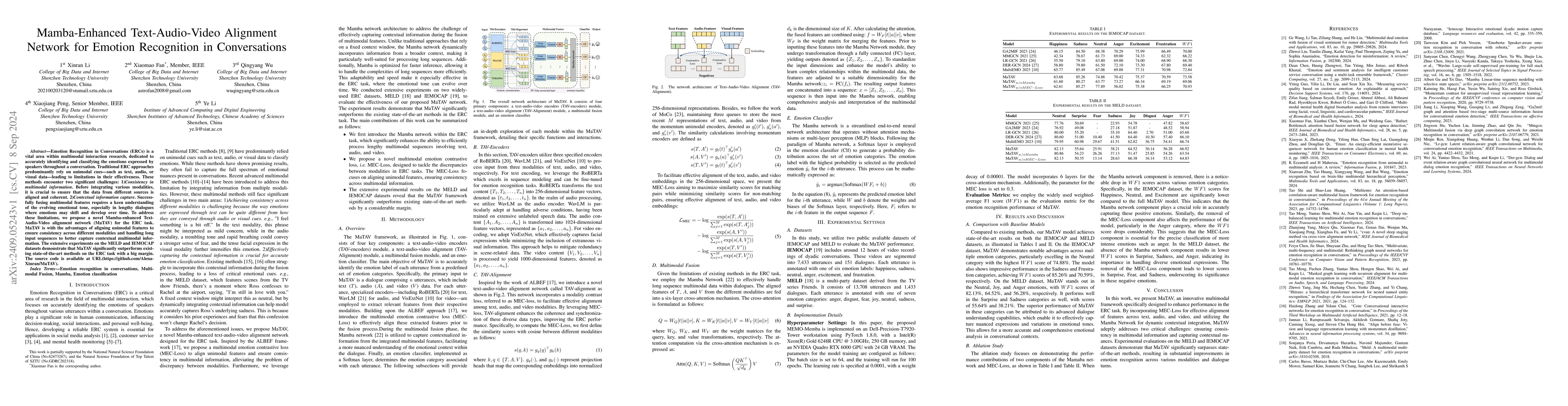 Thumbnail for Mamba-Enhanced Text-Audio-Video Alignment Network for Emotion
  Recognition in Conversations