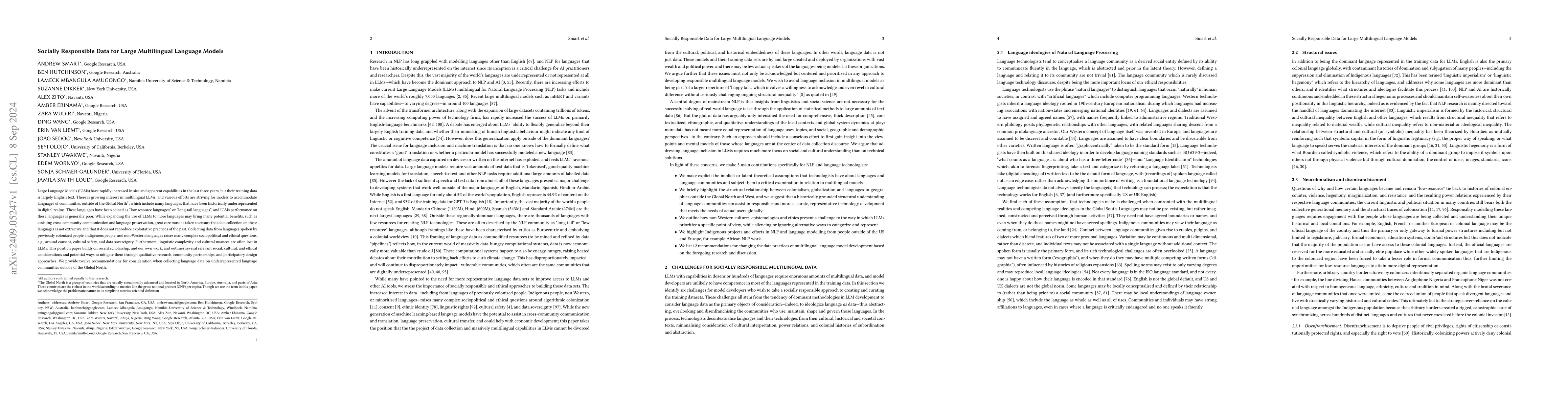 Thumbnail for Socially Responsible Data for Large Multilingual Language Models