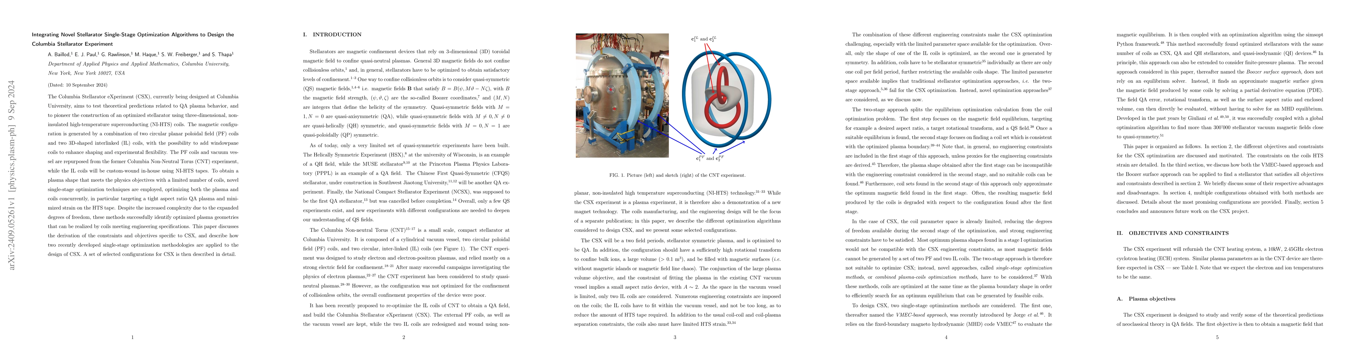 Thumbnail for Integrating Novel Stellarator Single-Stage Optimization Algorithms to
  Design the Columbia Stellarator Experiment