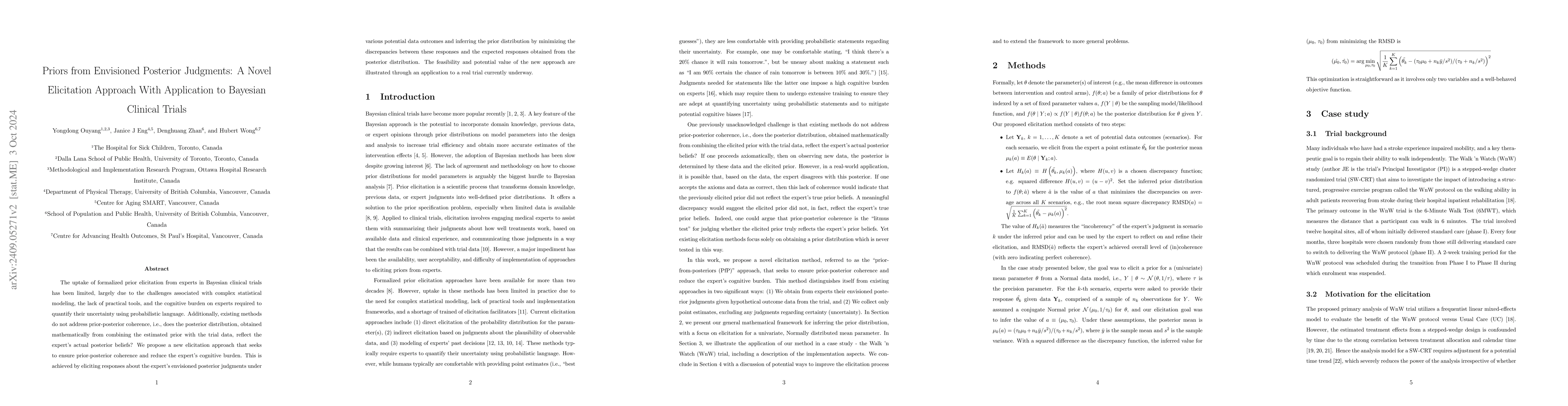 Thumbnail for Priors from Envisioned Posterior Judgments: A Novel Elicitation Approach
  With Application to Bayesian Clinical Trials