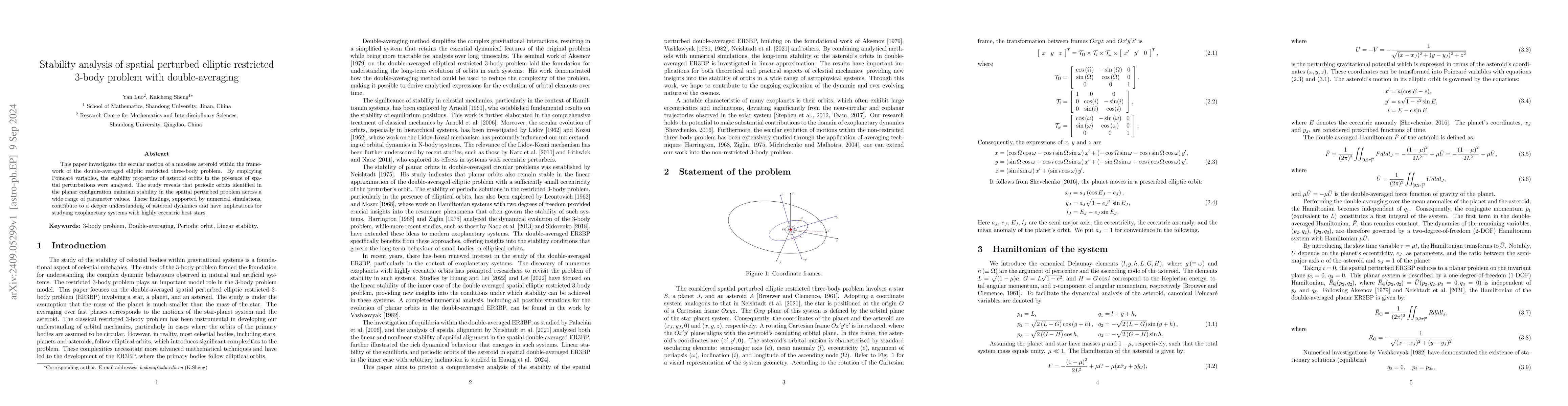 Thumbnail for Stability analysis of spatial perturbed elliptic restricted 3-body
  problem with double-averaging