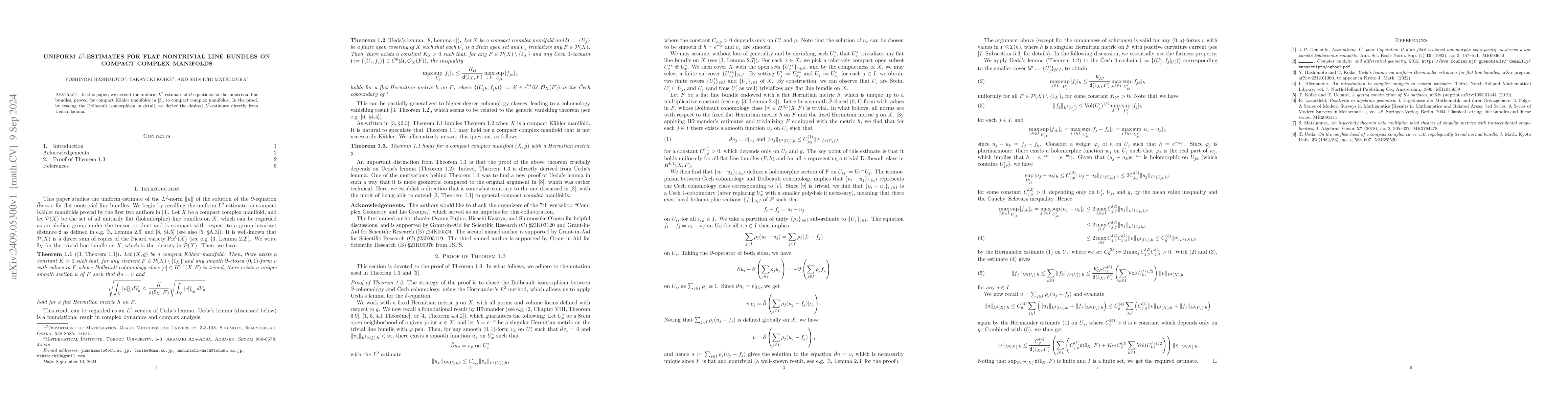 Thumbnail for Uniform $L^2$-estimates for flat nontrivial line bundles on compact
  complex manifolds