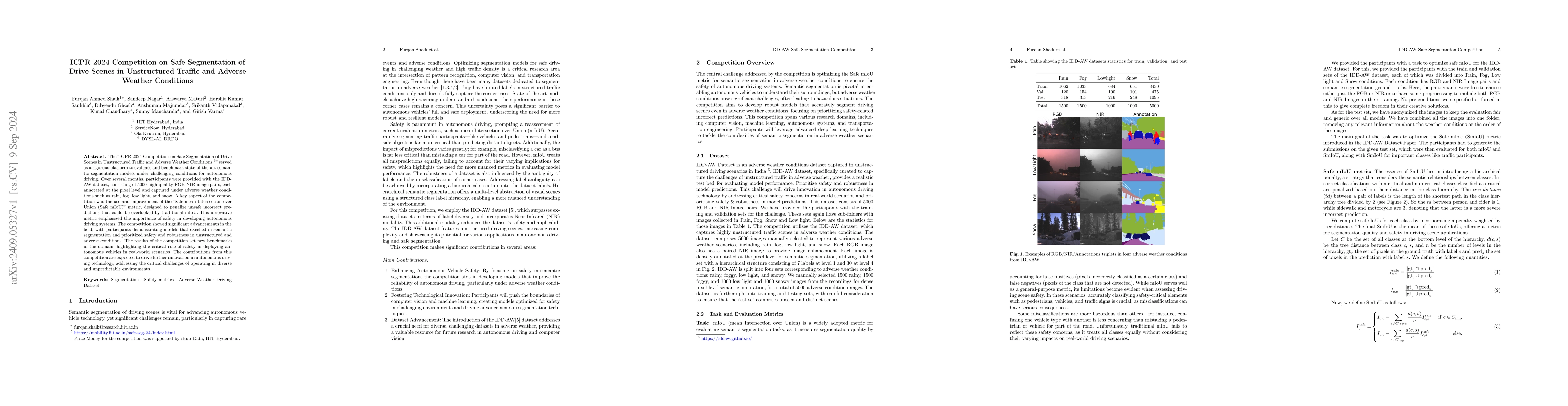 Thumbnail for ICPR 2024 Competition on Safe Segmentation of Drive Scenes in
  Unstructured Traffic and Adverse Weather Conditions